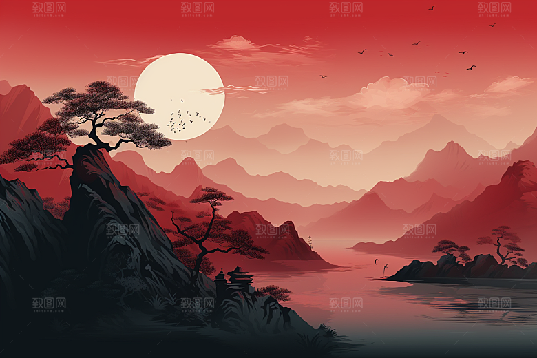 中国红山水红色新中式插画