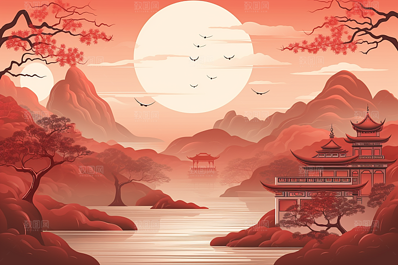 中国红山水红色水墨插画