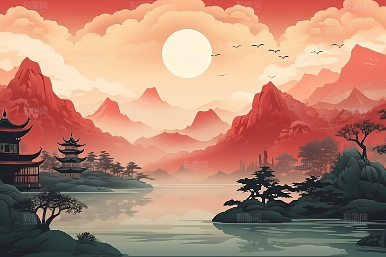 中国红山水水墨手绘插画