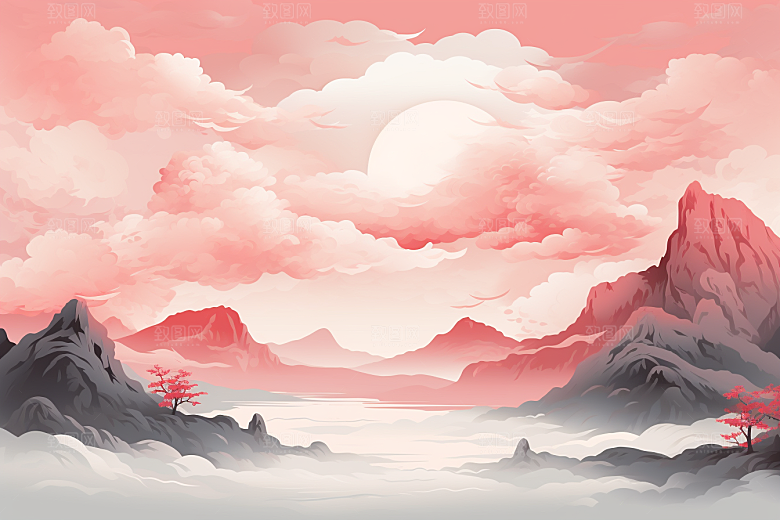 中国红山水红色风光插画