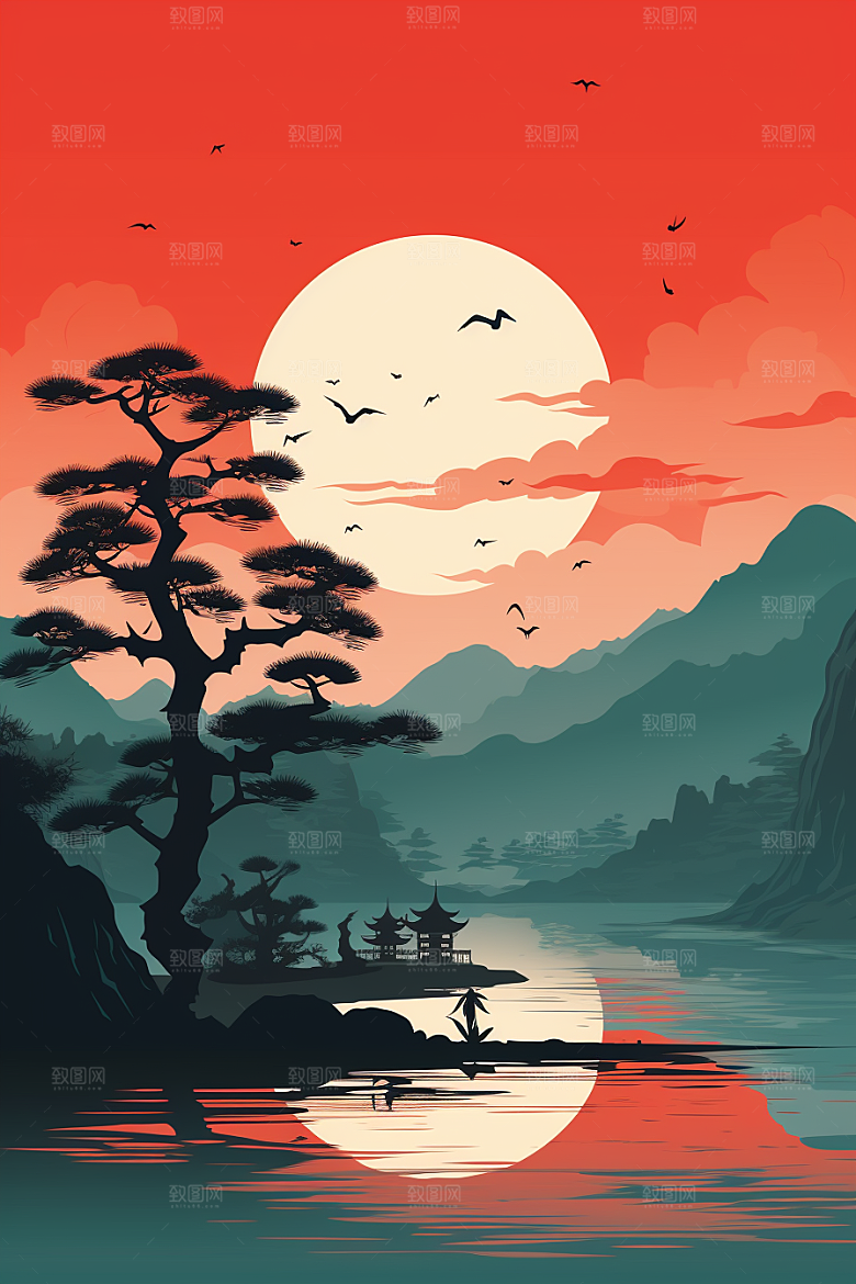 中国红山水艺术手绘插画