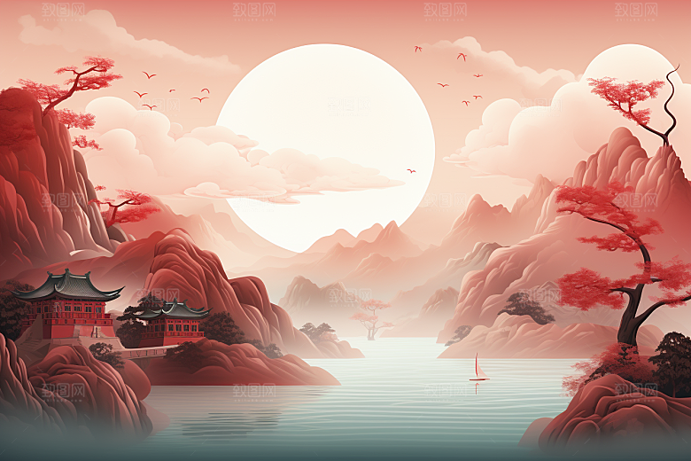 中国红山水手绘水墨插画