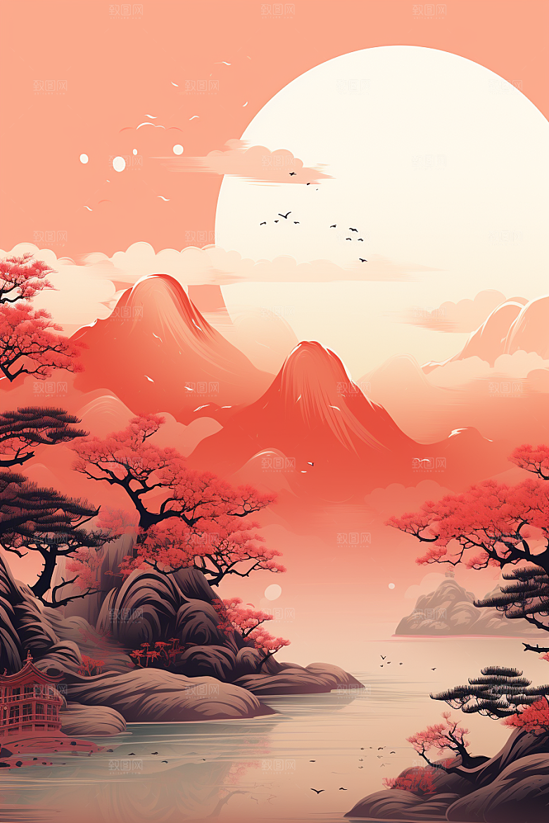 中国红山水手绘风光插画