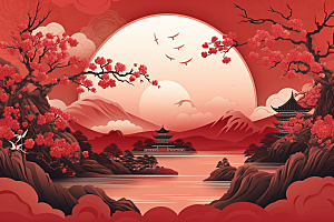 中国红山水水墨手绘插画