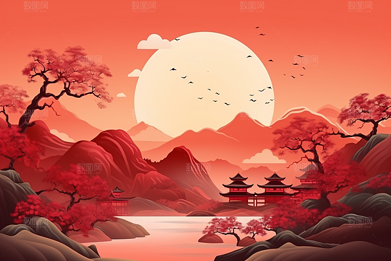 中国红山水艺术新中式插画