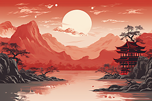 中国红山水红色水墨插画