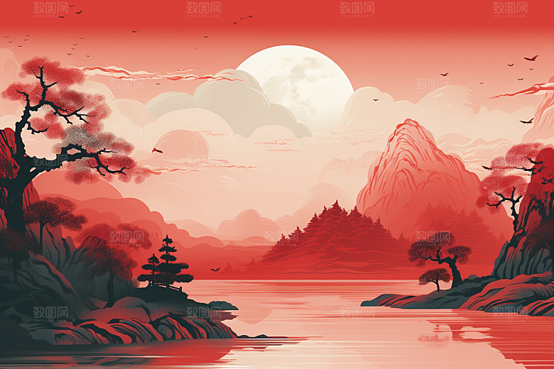 中国红山水风光国画插画