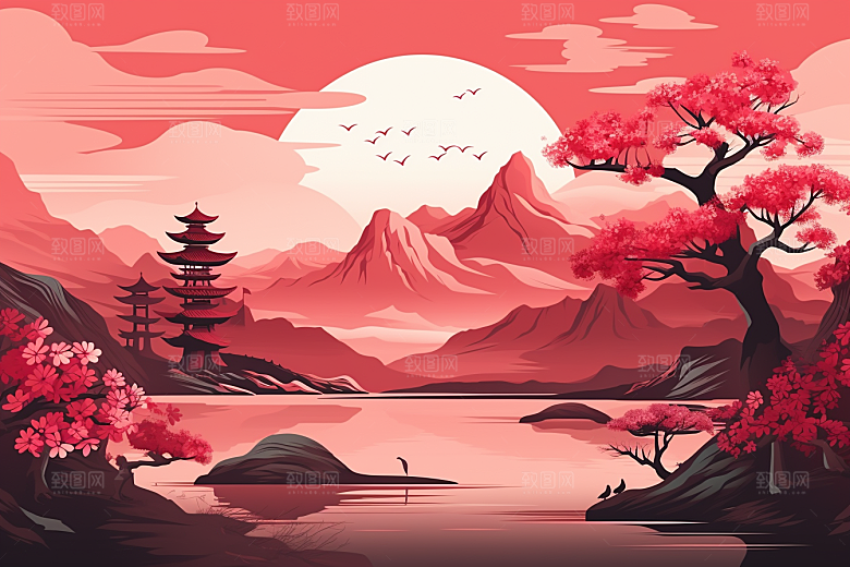中国红山水艺术国画插画