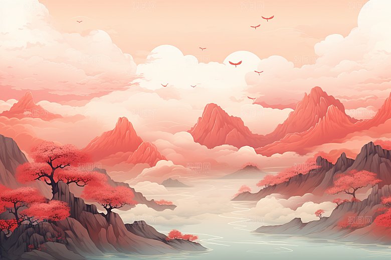 中国红山水水墨风光插画