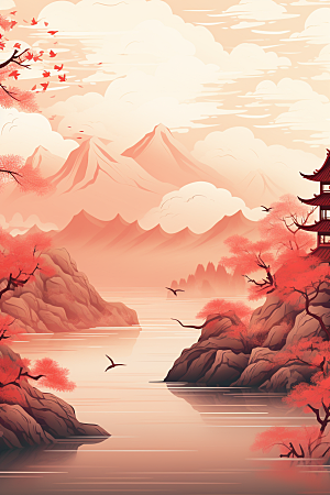 中国红山水艺术手绘插画