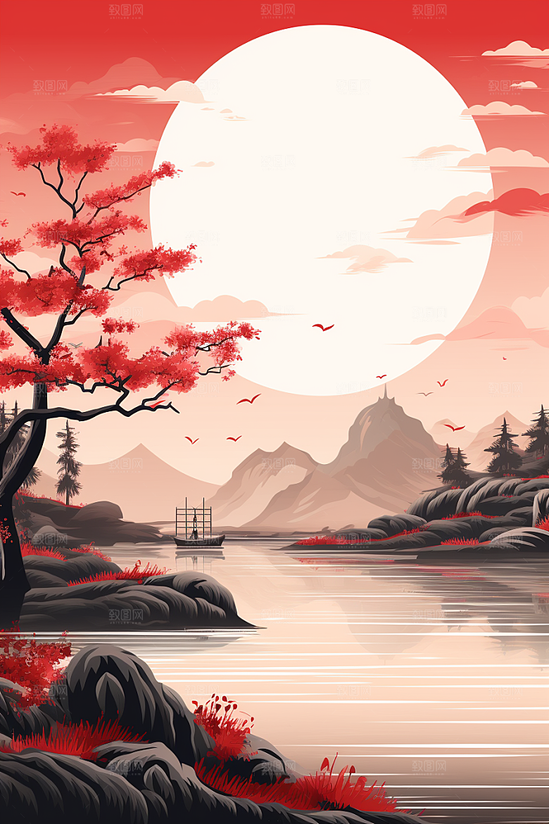 中国红山水水墨手绘插画