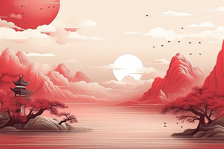 中国红山水国画红色插画