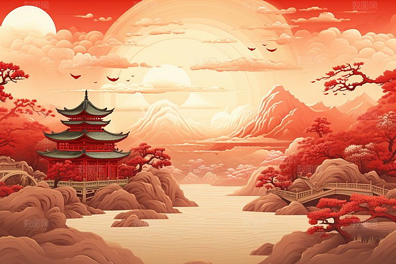 中国红山水新中式风光插画