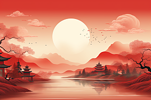 中国红山水艺术手绘插画