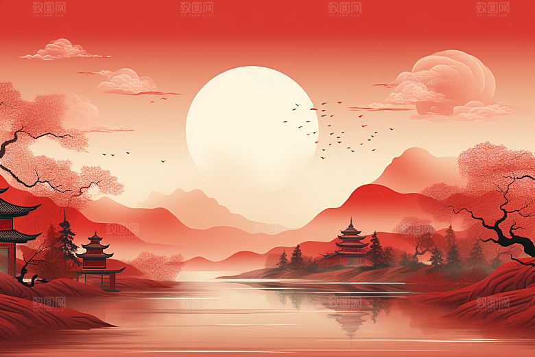 中国红山水艺术手绘插画
