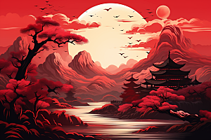 中国红山水风光红色插画