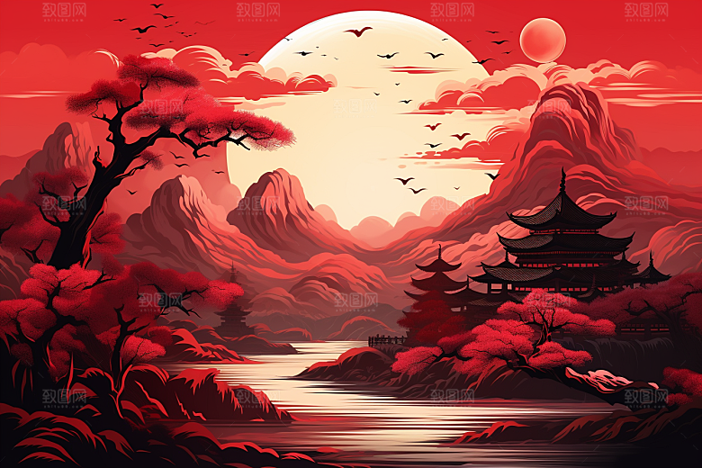 中国红山水风光红色插画