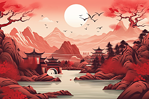 中国红山水风光艺术插画