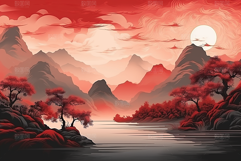 中国红山水手绘水墨插画