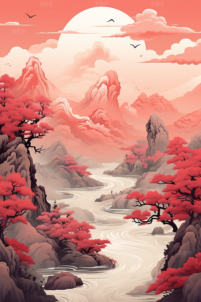 中国红山水水墨国画插画