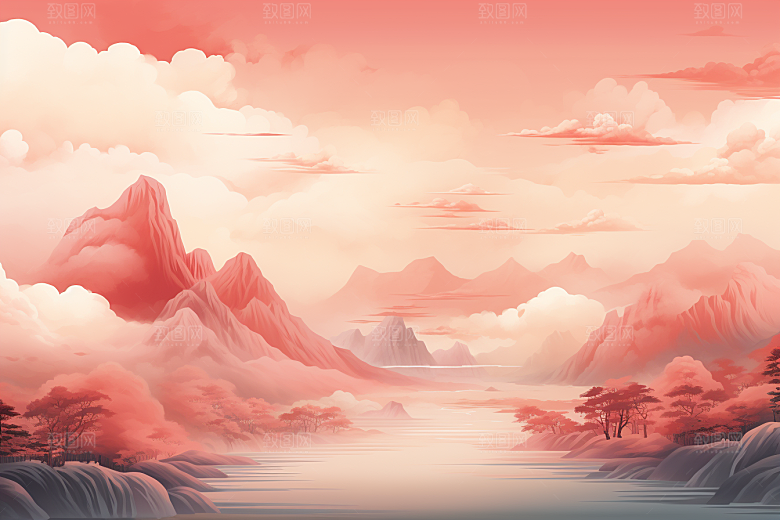 中国红山水新中式红色插画