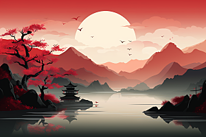 中国红山水红色新中式插画