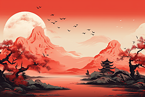 中国红山水红色风光插画