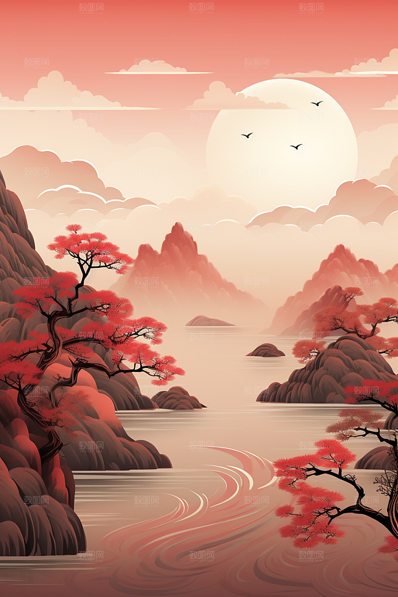 中国红山水新中式艺术插画