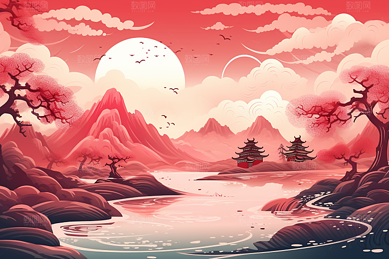 中国红山水风光水墨插画