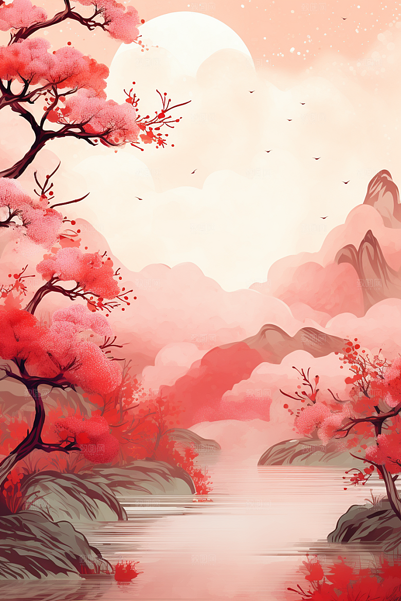 中国红山水新中式水墨插画