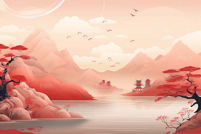 中国红山水水墨手绘插画