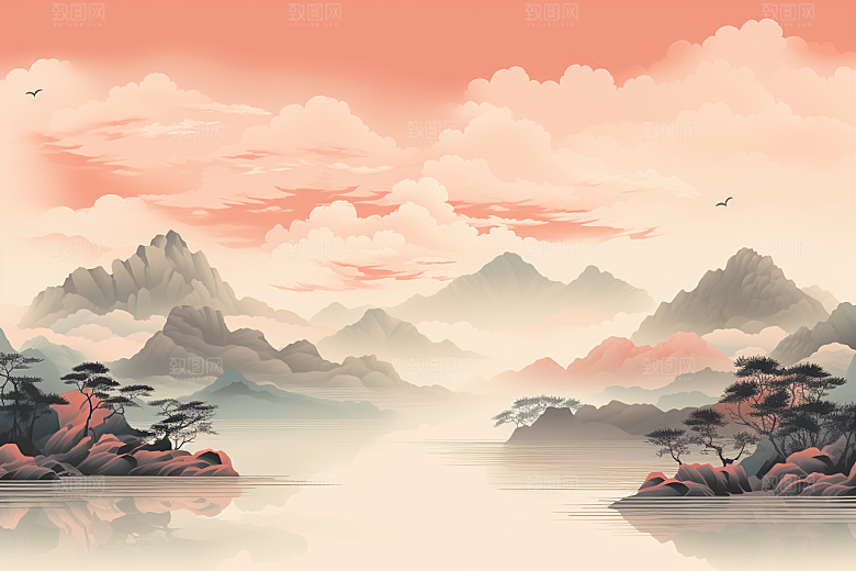 中国红山水新中式风光插画