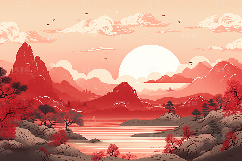中国红山水国画风光插画