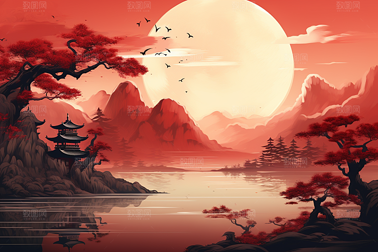 中国红山水水墨风光插画
