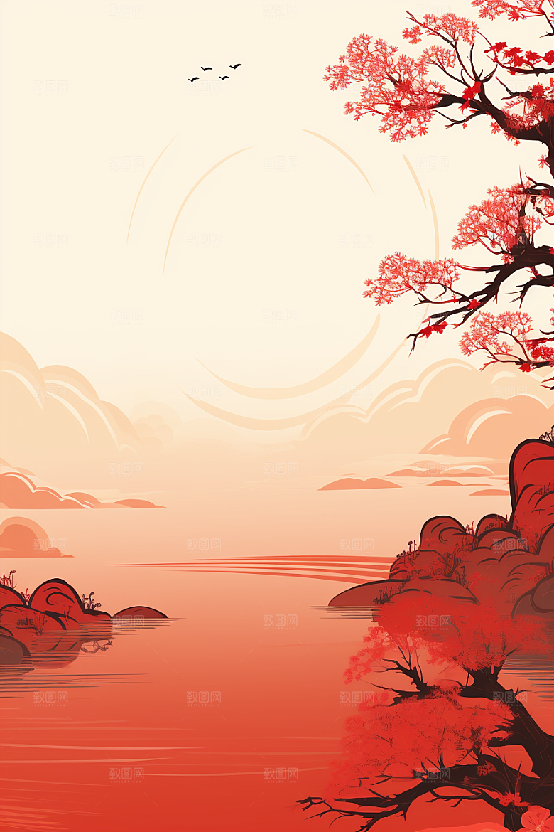 中国红山水艺术手绘插画