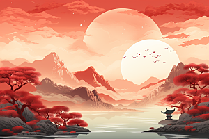中国红山水国画水墨插画
