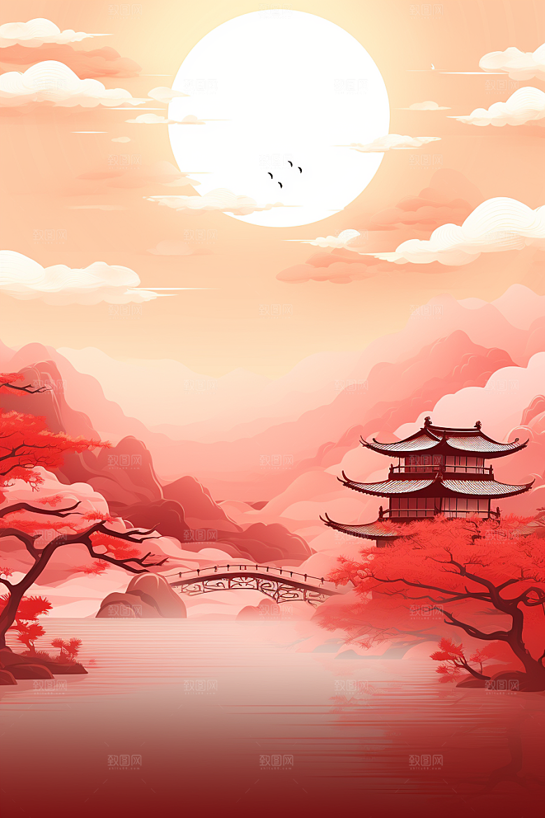 中国红山水新中式艺术插画