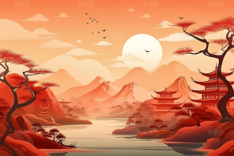 中国红山水风光艺术插画