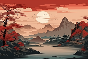 中国红山水手绘风光插画