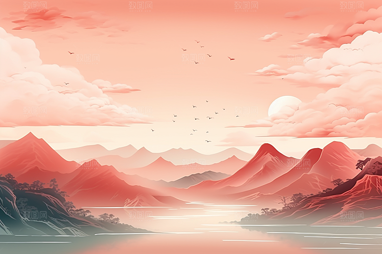 中国红山水水墨红色插画