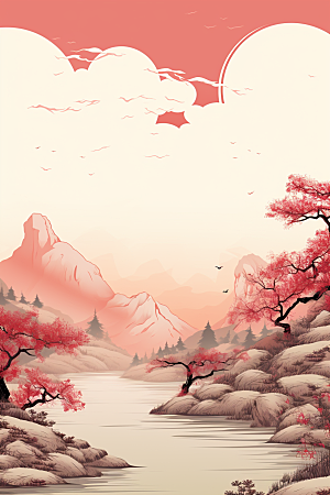 中国红山水水墨红色插画