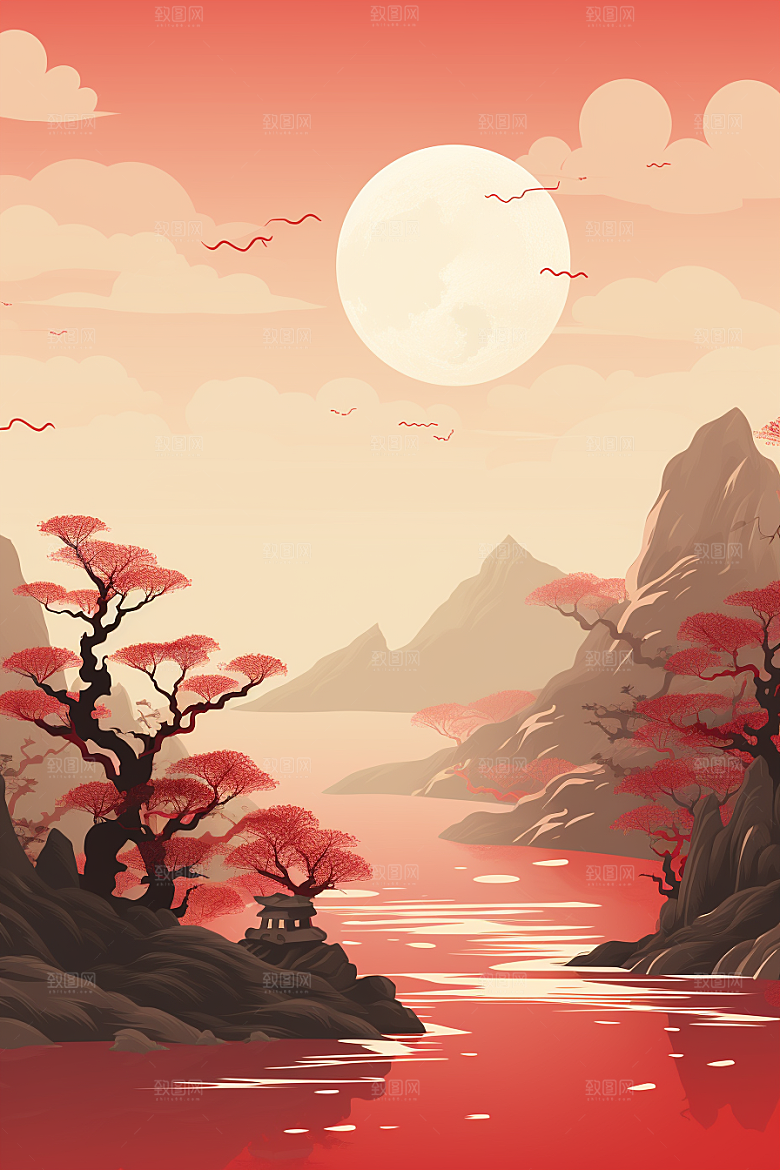 中国红山水手绘新中式插画