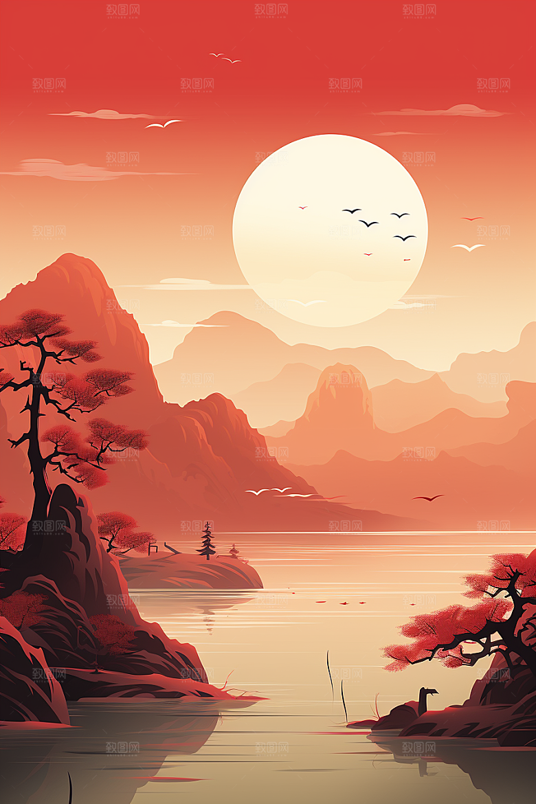 中国红山水国画艺术插画