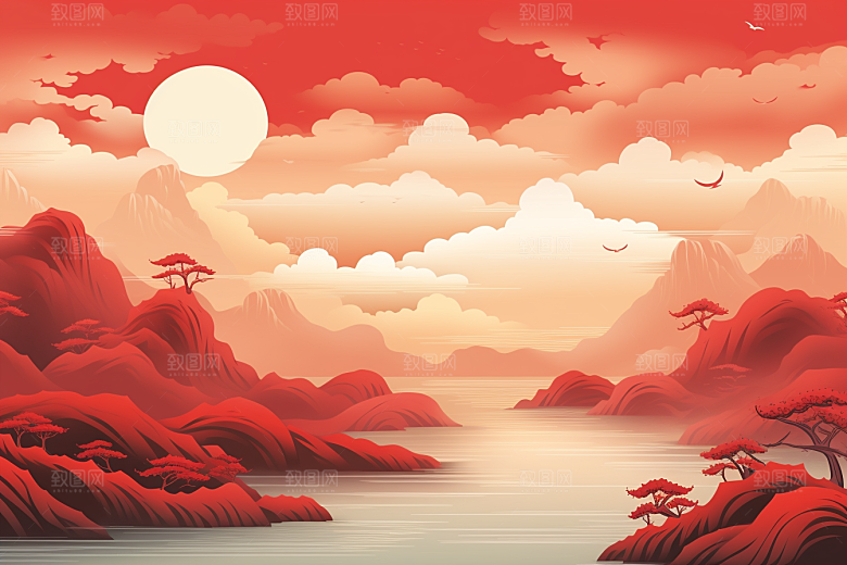 中国红山水手绘新中式插画