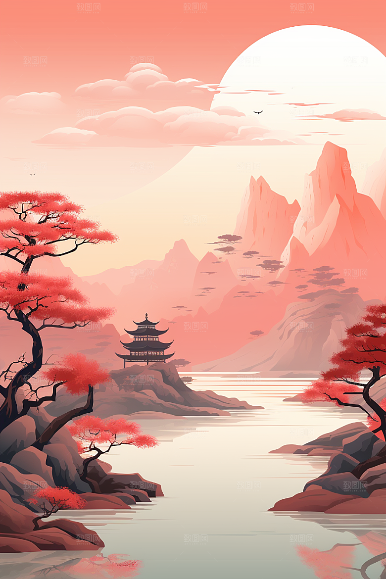 中国红山水水墨新中式插画