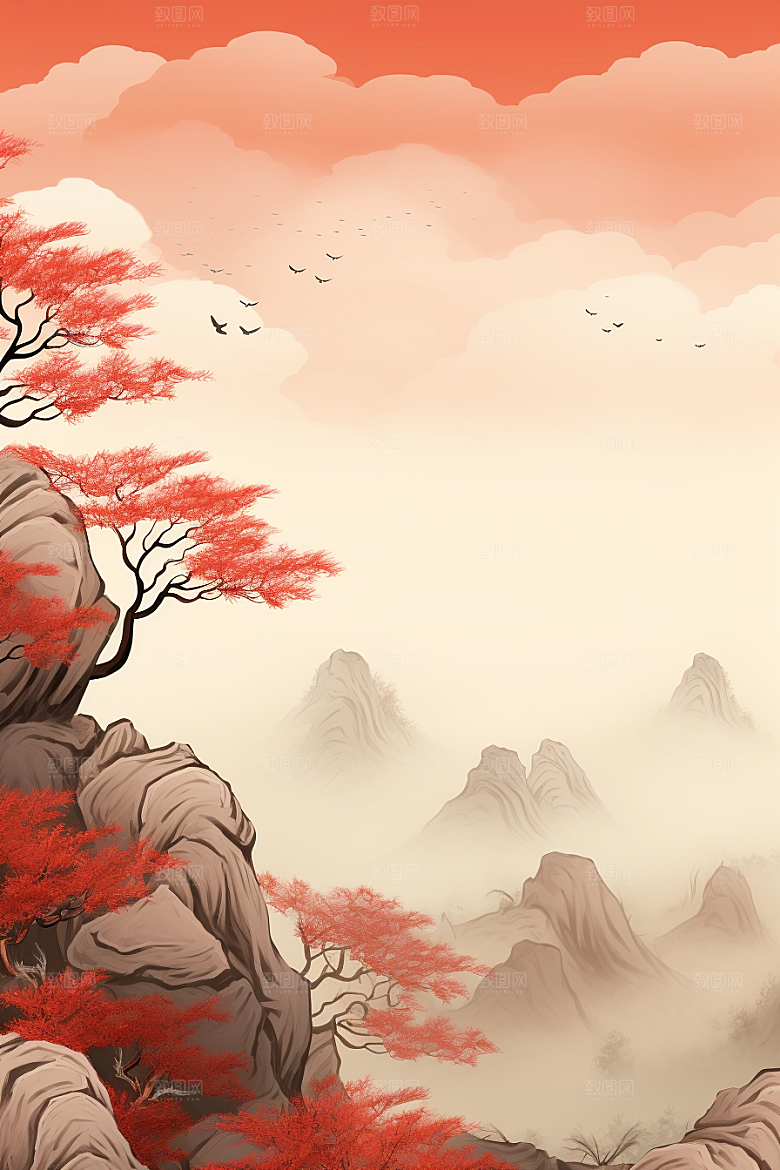 中国红山水风光手绘插画