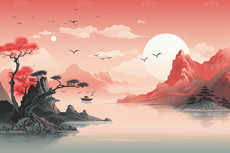 中国红山水红色风光插画