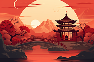 中国红山水新中式艺术插画