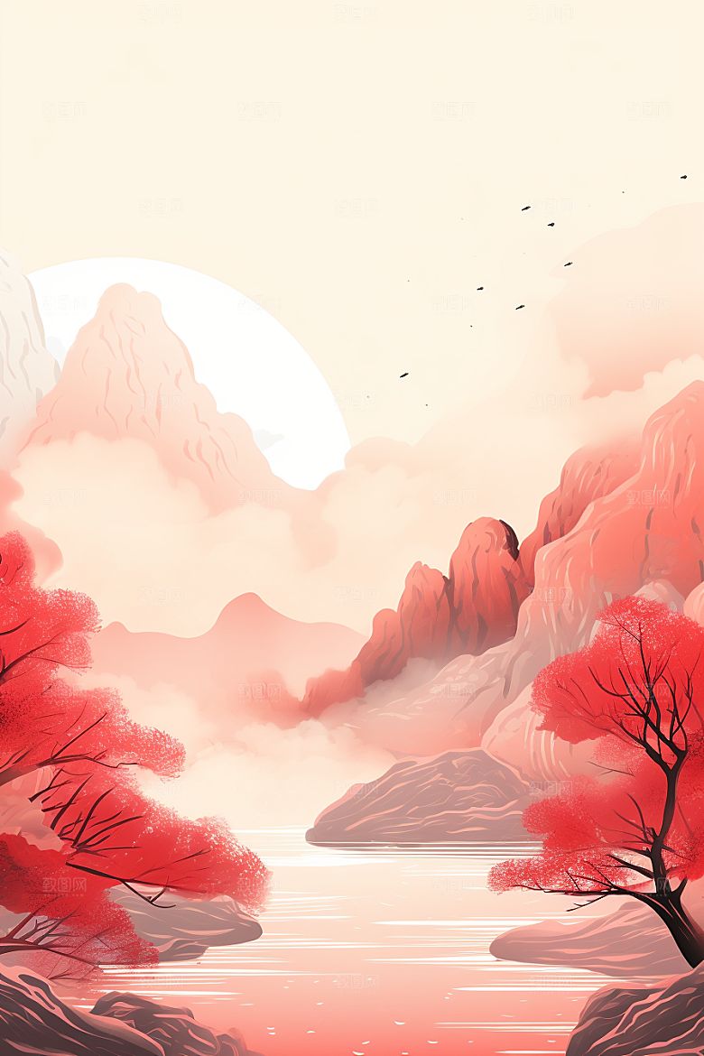 中国红山水风光新中式插画