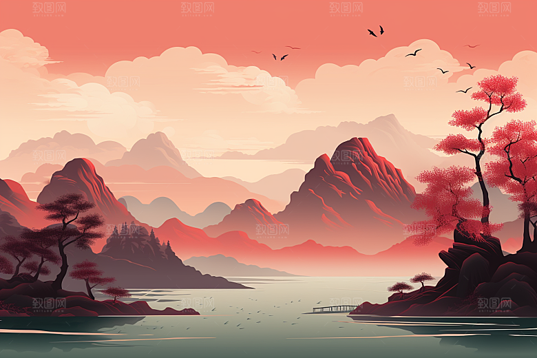 中国红山水新中式水墨插画